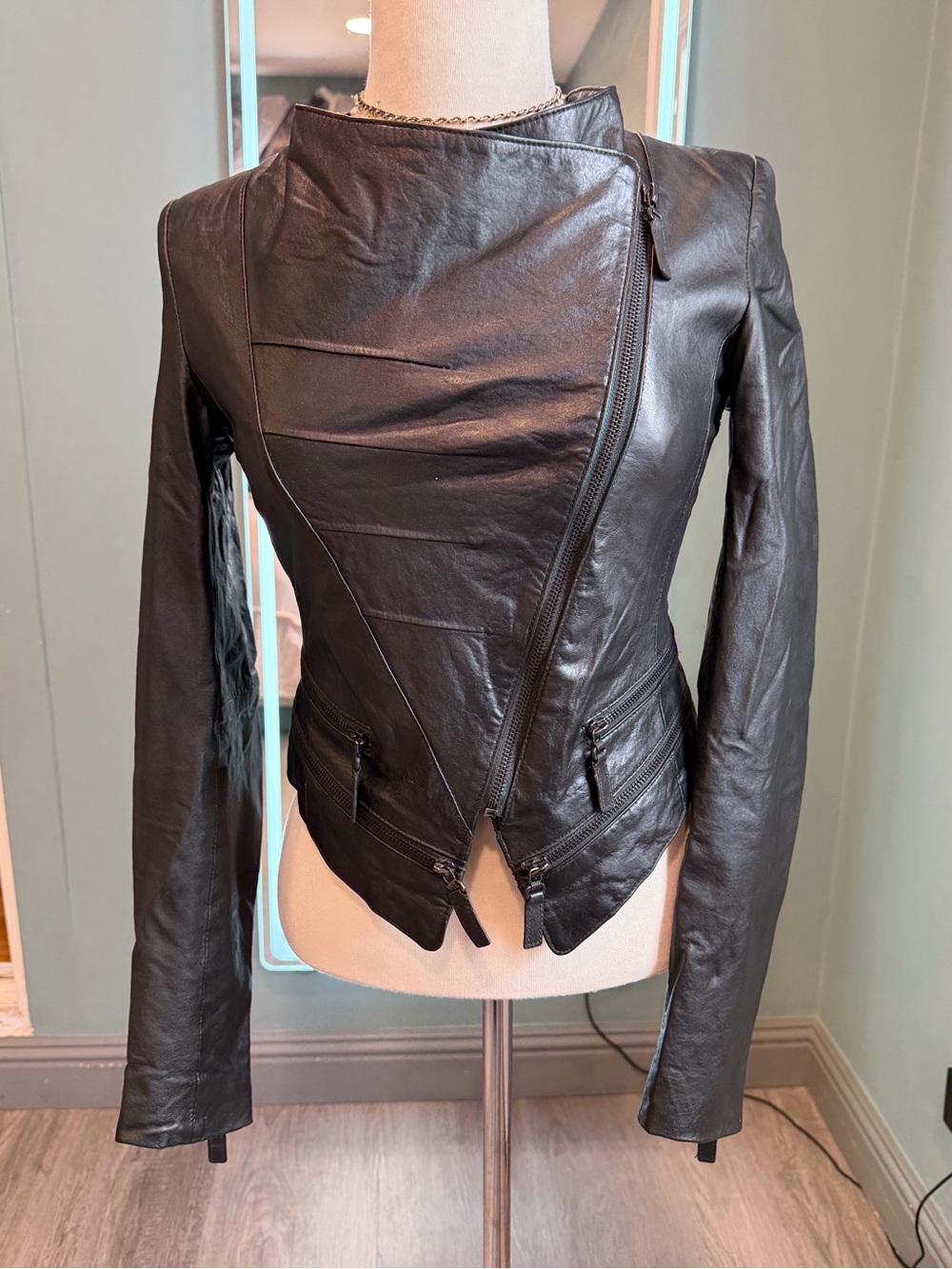 Vero Moda Black lamb skin Leather Asymmetrical Zip Moto Jacket